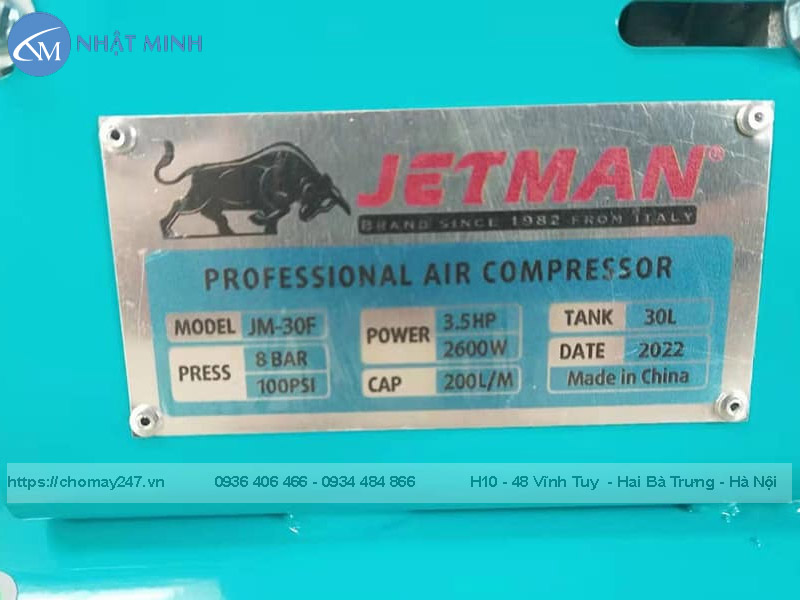 Thông số máy nén khí mini 30 lít Jetman JM30F liền trục 2 tụ 